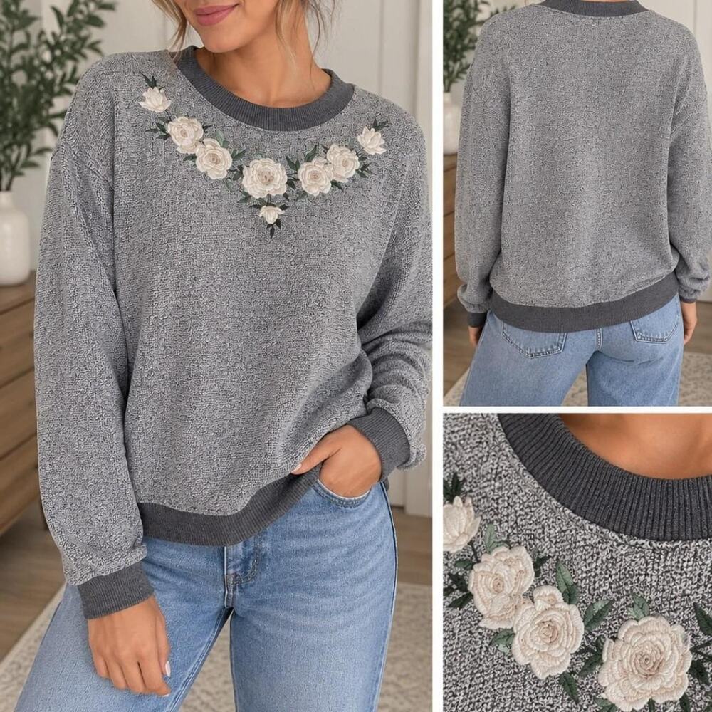 BonWorth Gray Floral Embroidered Sweater 🌹